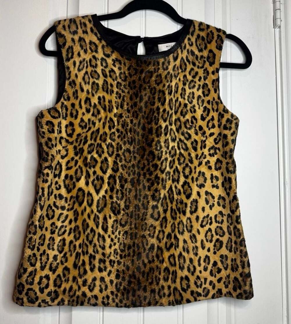 Milly Faux Fur‎ Leopard Print Tank with Leather Trim mob wife biker